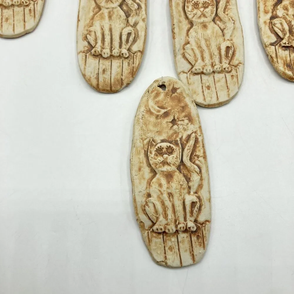 Handmade Art Pottery Cat Kitten Moon Wind Chime Wall Hanging Folk Art Stamped